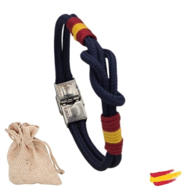 Pulsera bandera España con nudo azul y herraje.