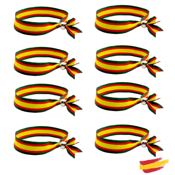 8 pulseras con bandera España de tela verde.